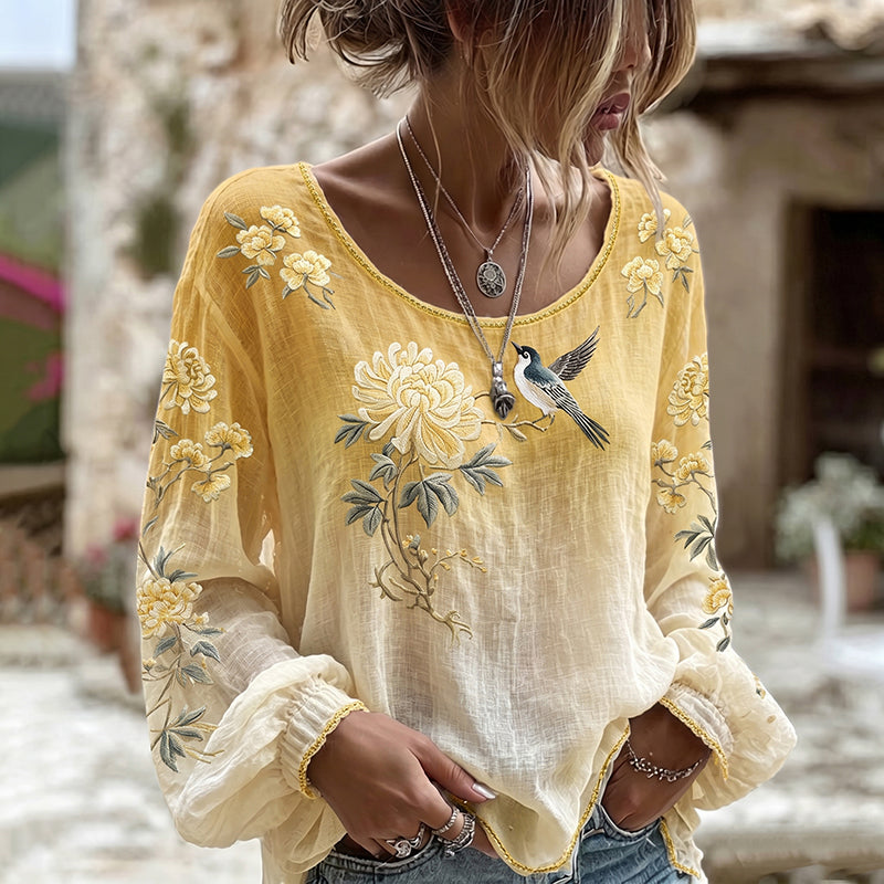 Women's Japanese Chrysanthemum And Bird Gradient Pattern Crew Neck Long Sleeve T-shirt