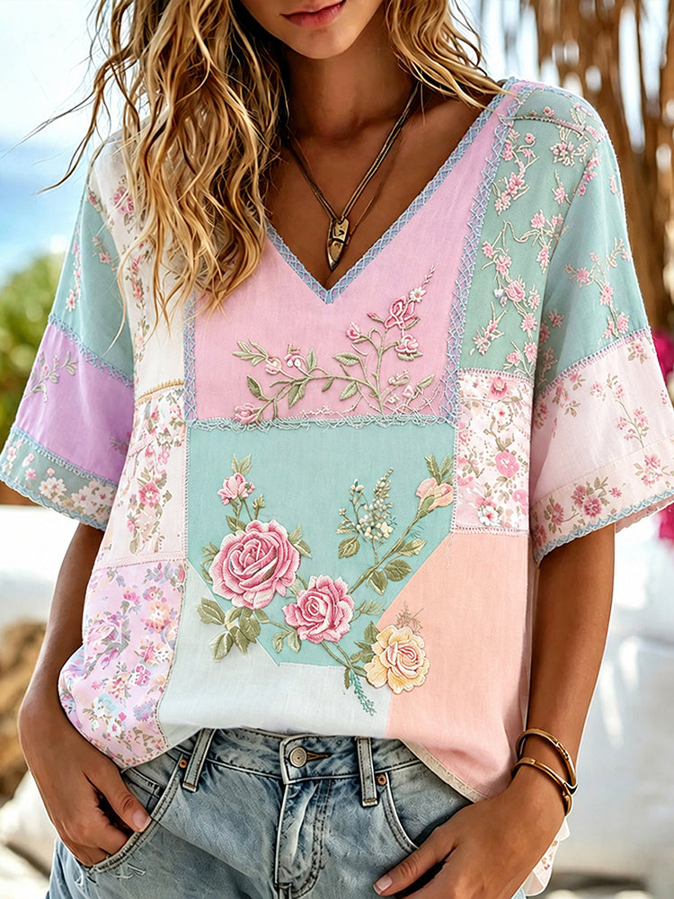 Women's Vintage Floral Patchwork Art Casual V-neck Linen T-shirt