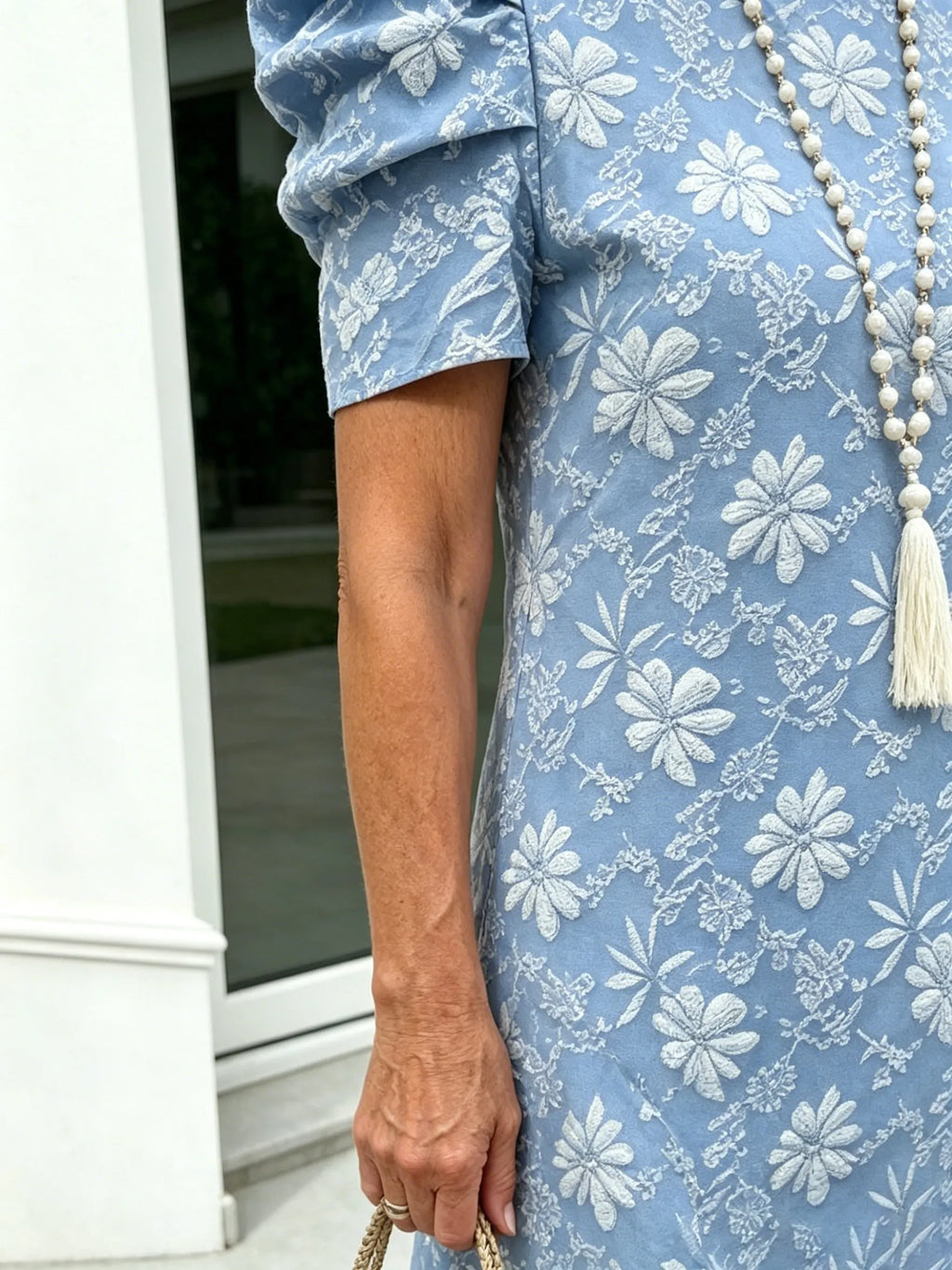Bubble Sleeve Textured Jacquard Crew Neck Vintage Style Dress
