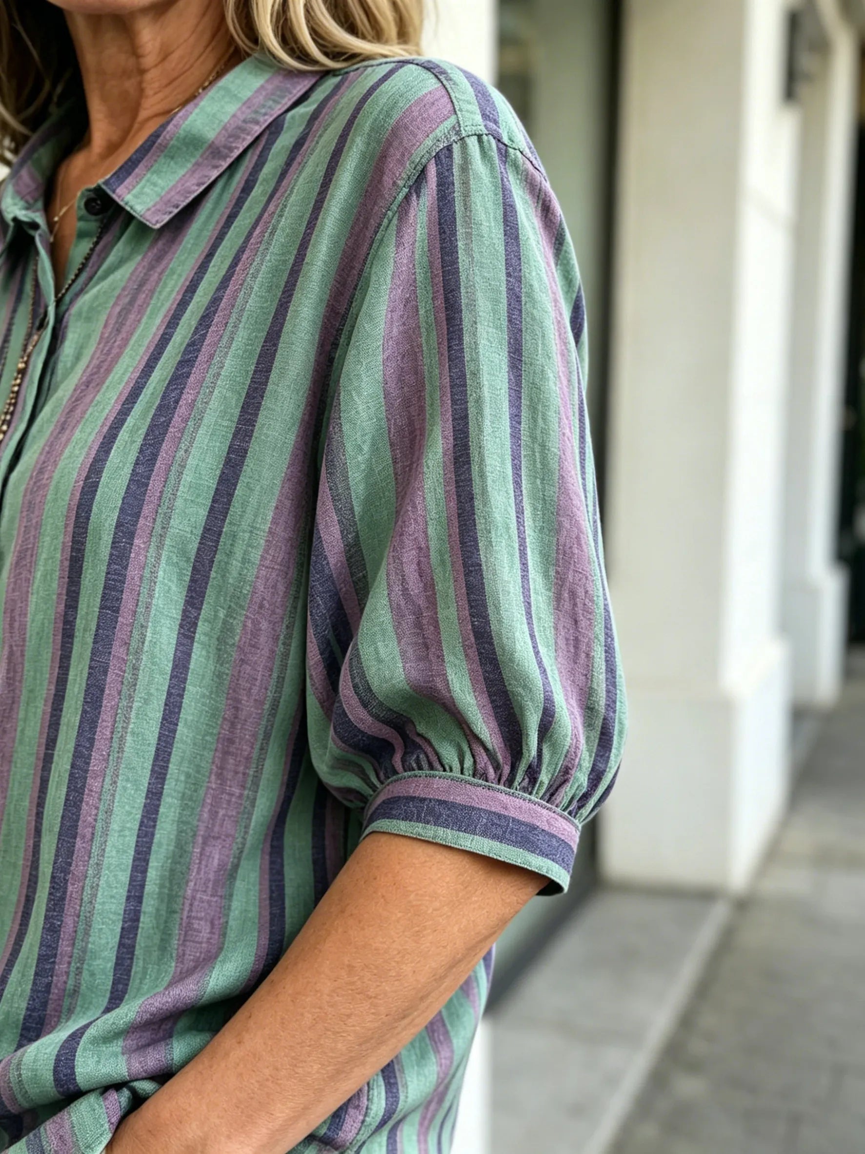 Contrasting Striped Shirt Lapel Single-breasted Medium Sleeve Top Women's Shirt