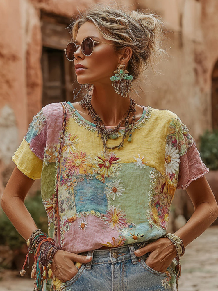 Women's Bohemian Daisy Embroidery Patchwork Art Round Neck Linen Blend T-shirt