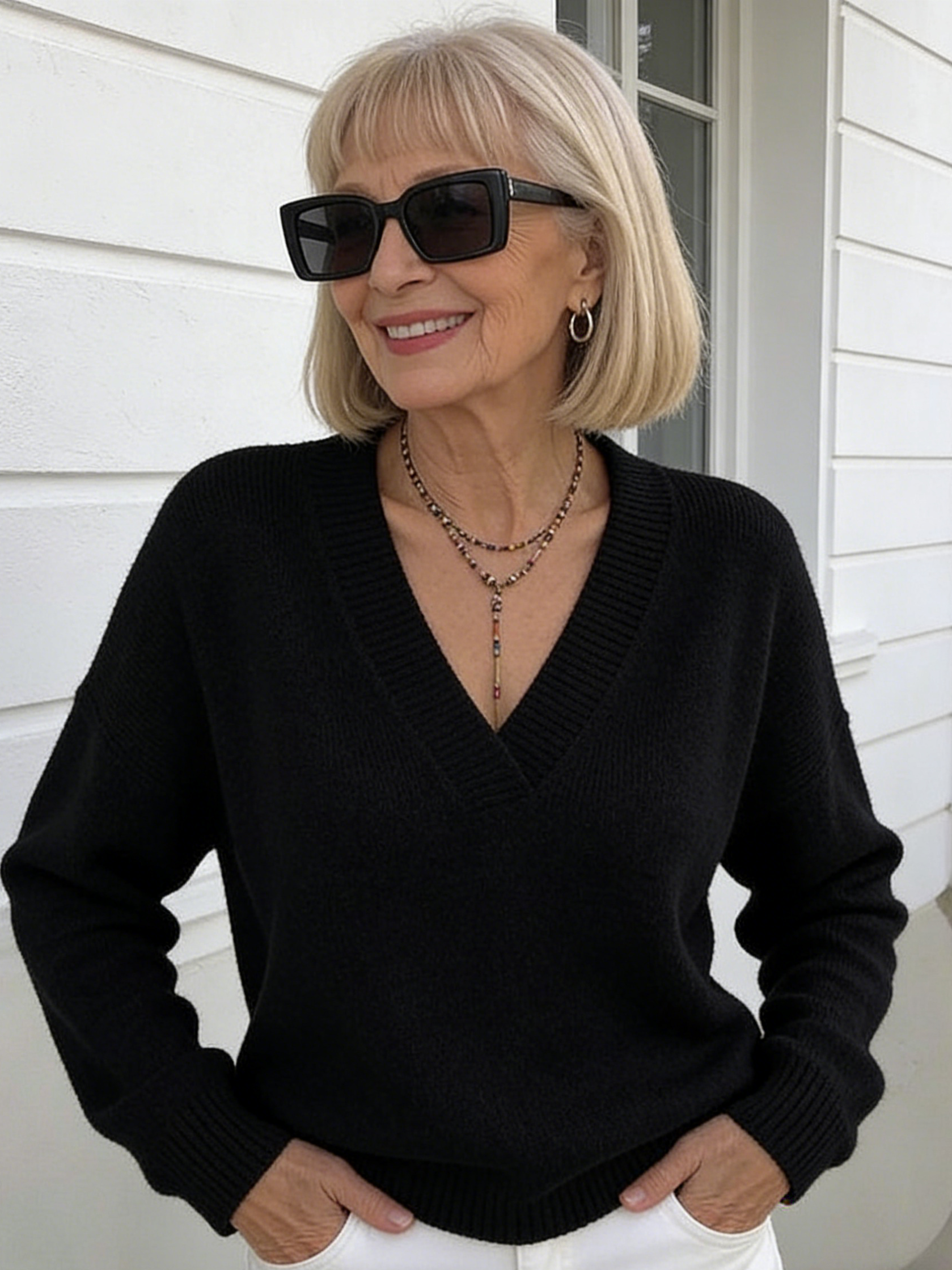 Knitted V-neck Loose Sweater Fall and Winter Solid Color Casual Fashion Women's Knitwear