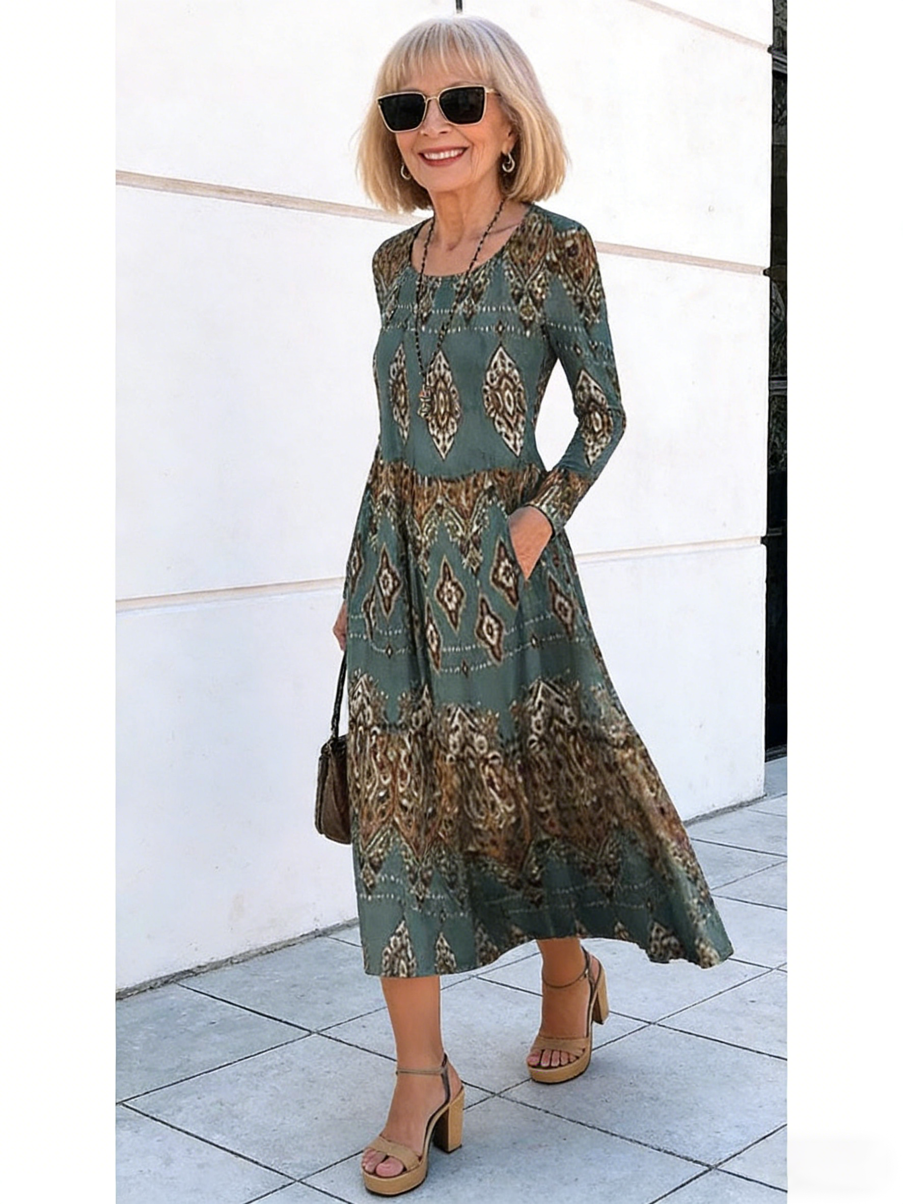 Crew Neck Long Sleeve Loose Geometric Pattern Printed Pendulum Dress