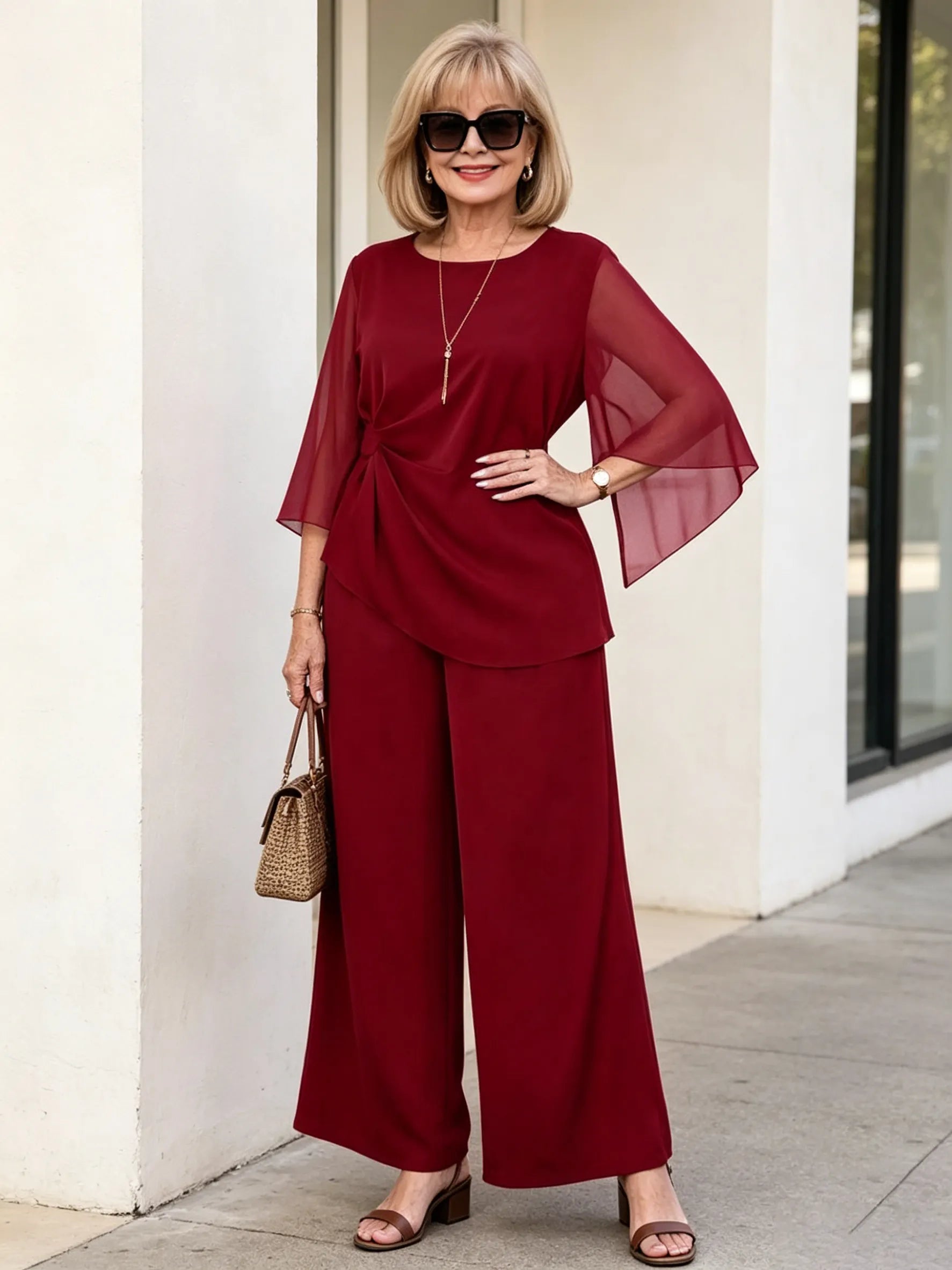 2Pcs Light Blue Chiffon 2 Piece Outfit, Irregular Twist Flare Sleeve Top & Wide Leg Pants Set for Mature Women
