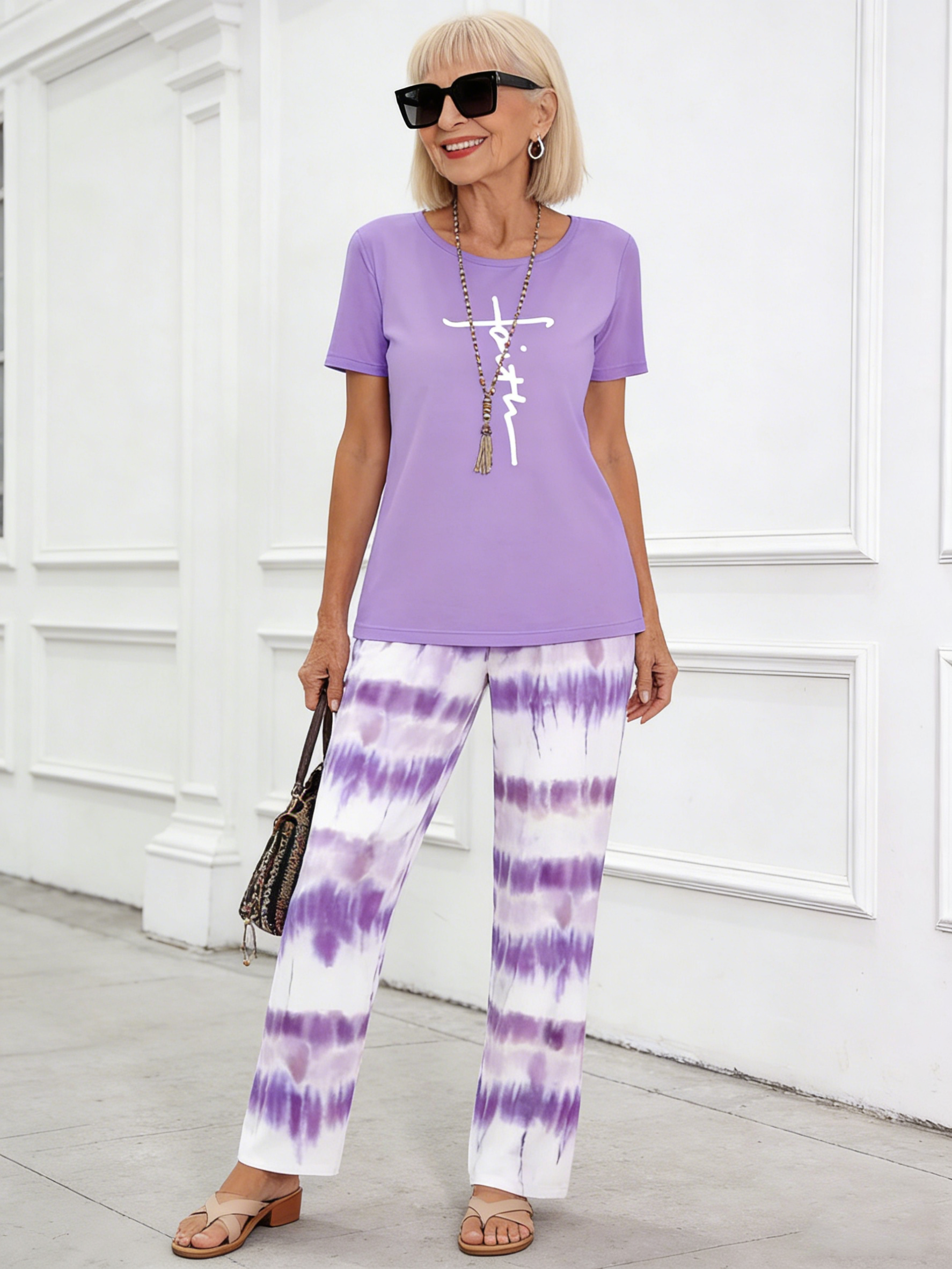 2Pcs Crew Neck Short Sleeve Casual Striped Printed Wide Leg Pants Two-piece Trousers Set