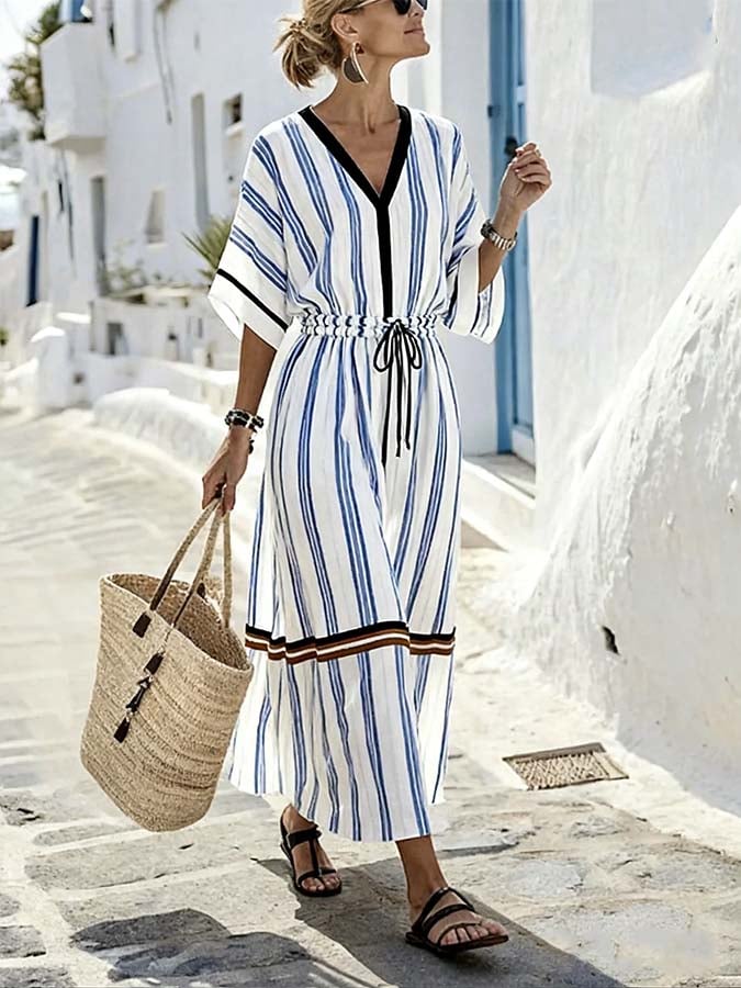 Women'S Casual Color-Block Striped Dress