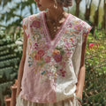 Women's Patchwork Rose Embroidered Linen Tank Top