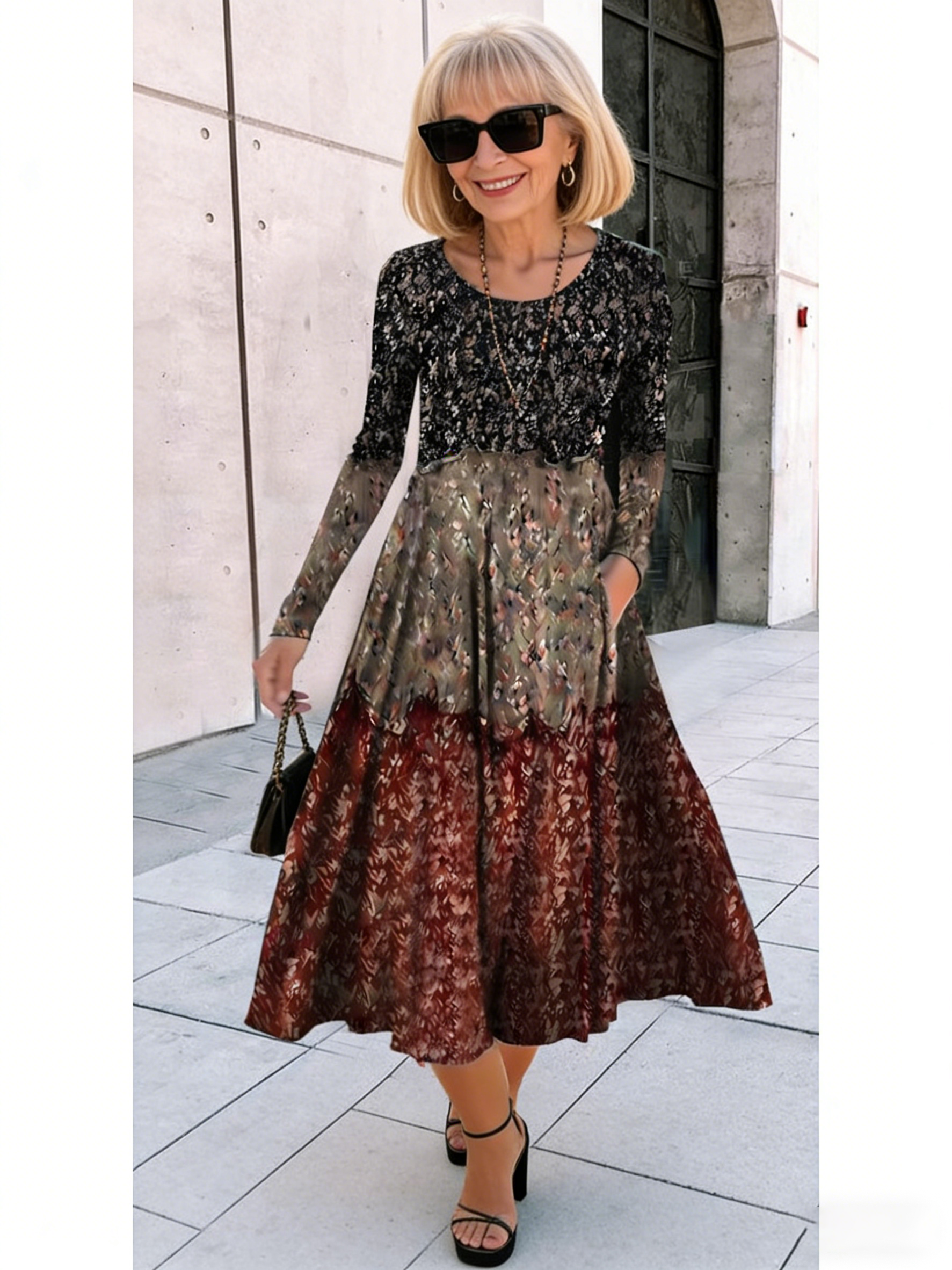 Crew Neck Long Sleeve Loose Geometric Pattern Printed Pendulum Dress