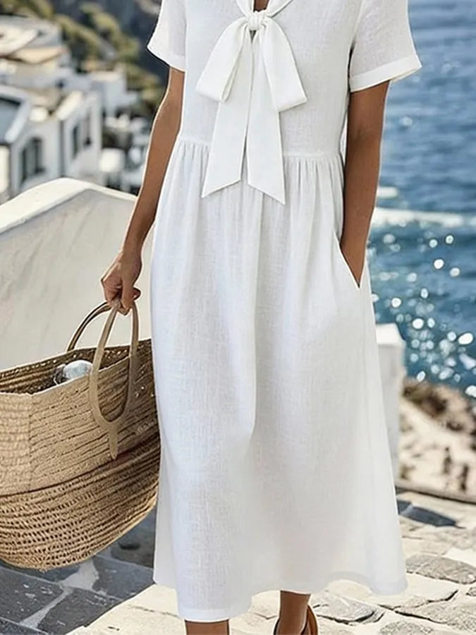 Women'S Solid Color Short-Sleeved Vacation Dress