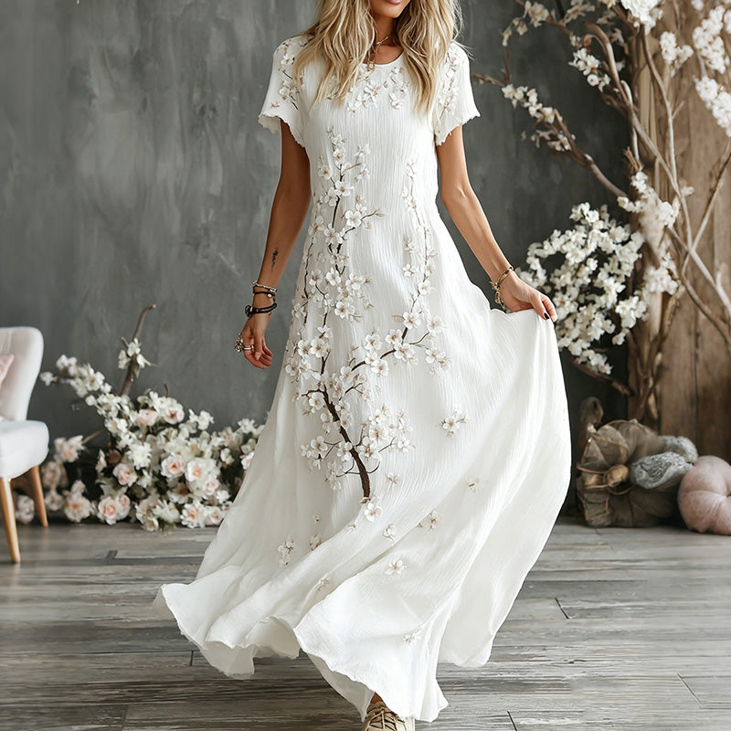 Women's Retro Plum Blossom Embroidery Casual Comfort Round Neck Dress