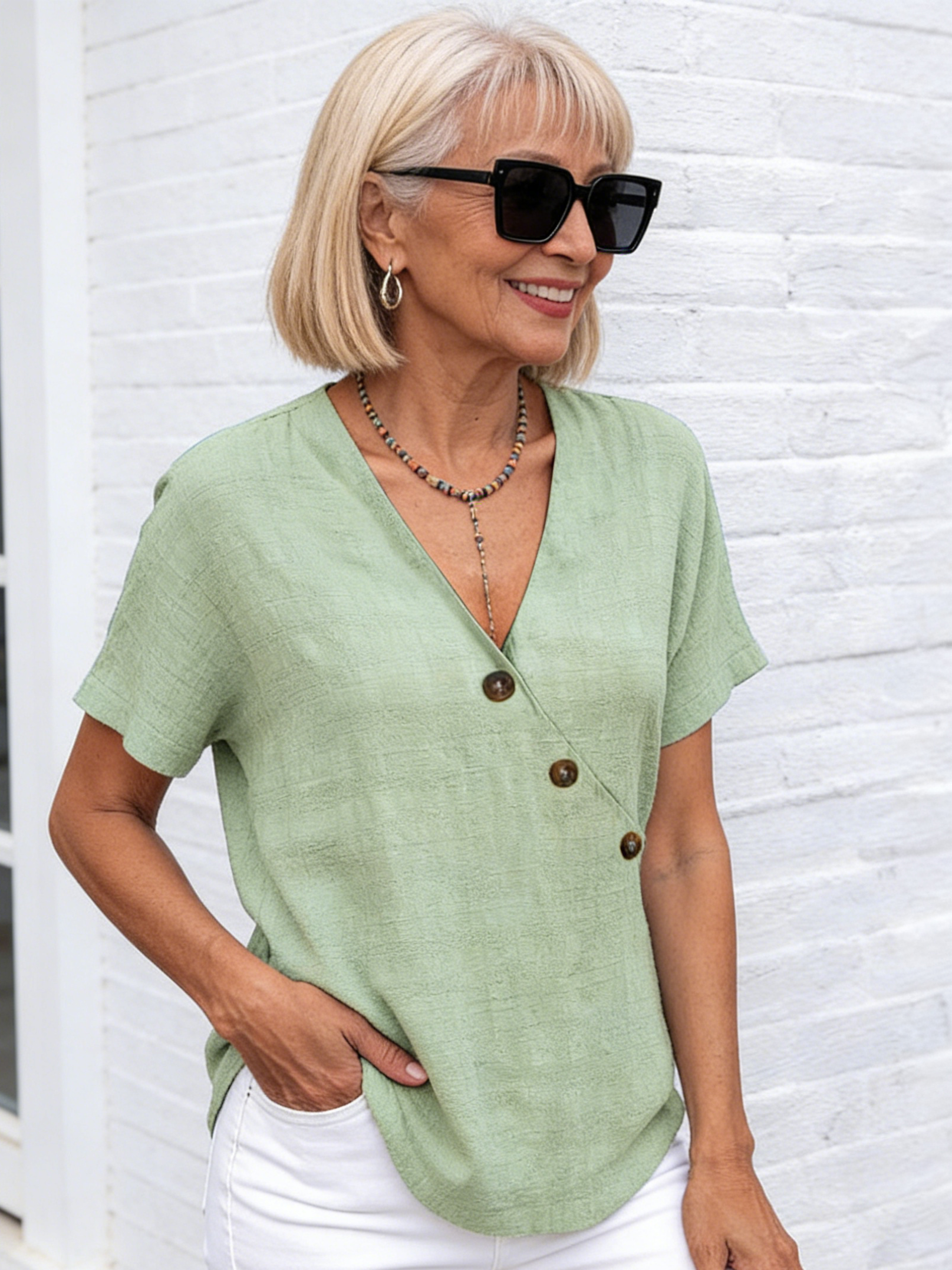 Top V-neck Solid Color Shirt Cotton and Linen