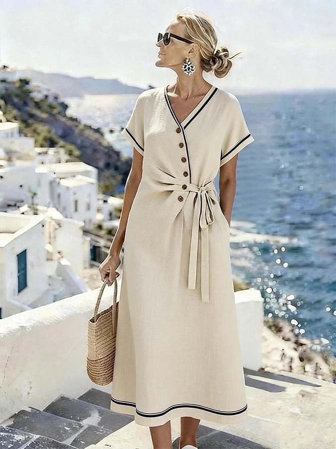 Women'S Casual V-Neck Pleated Tie-Waist Dress