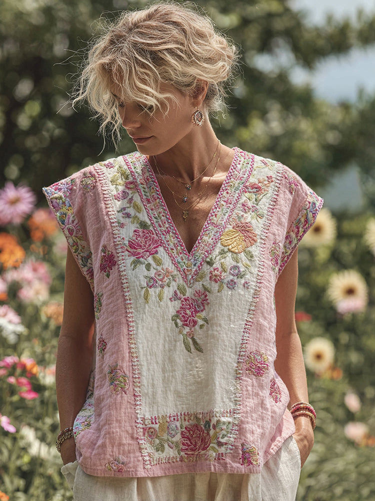 Women's Bohemian Contrast Floral V-neck Tank Top
