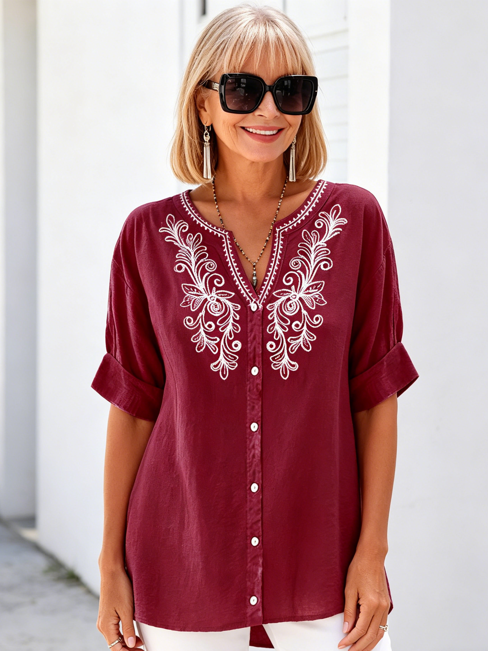 Embroidered Cotton and Linen Shirt Women's Solid Color Loose and Thin Five-quarter Sleeve Light Shirt