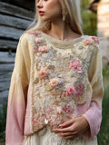 Boho Rose Floral Embroidery Women's Linen Long Sleeve T-shirt