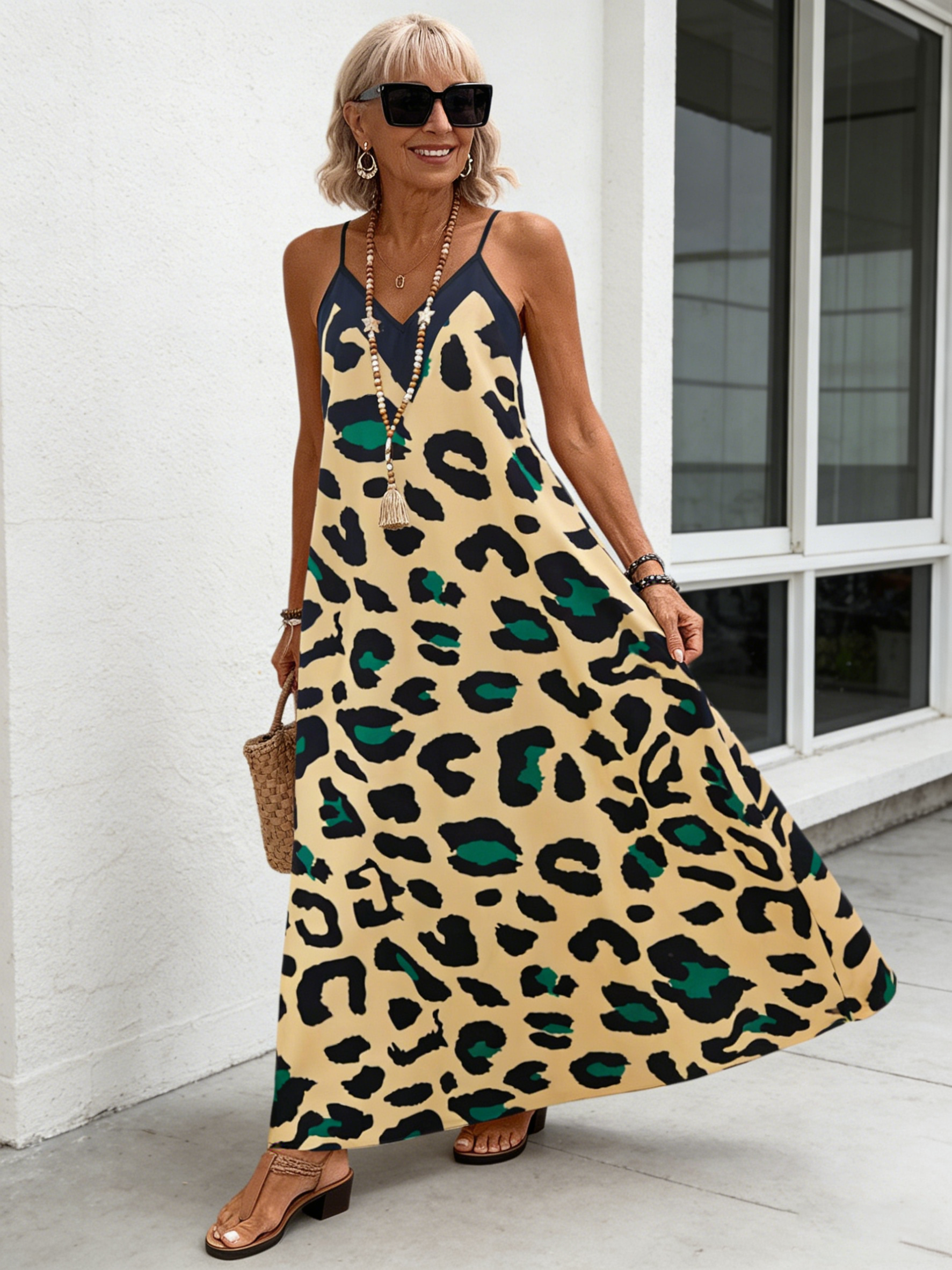 Beach V-neck Slip Print Dress Women's Clothing