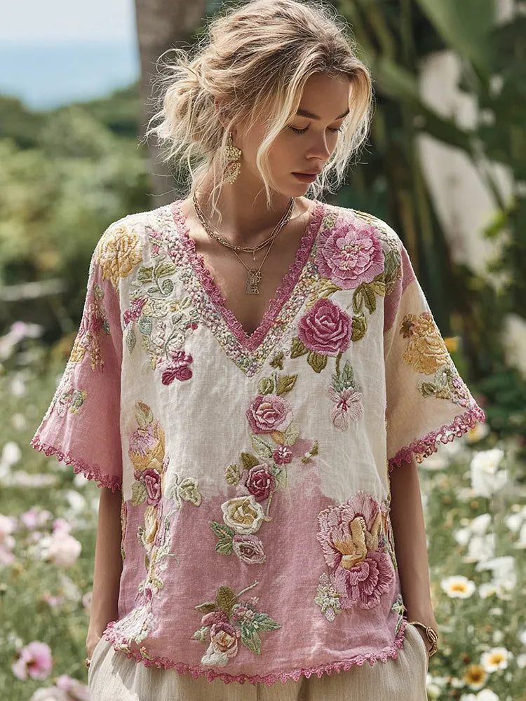 Women's Patchwork Rose Embroidered Linen T-shirt