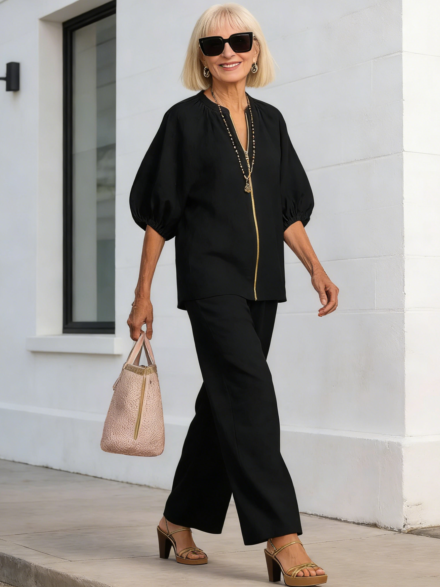 2Pcs Women's Casual Loose Solid Color Zipper Round Neck Wide-leg Pants Suit Women