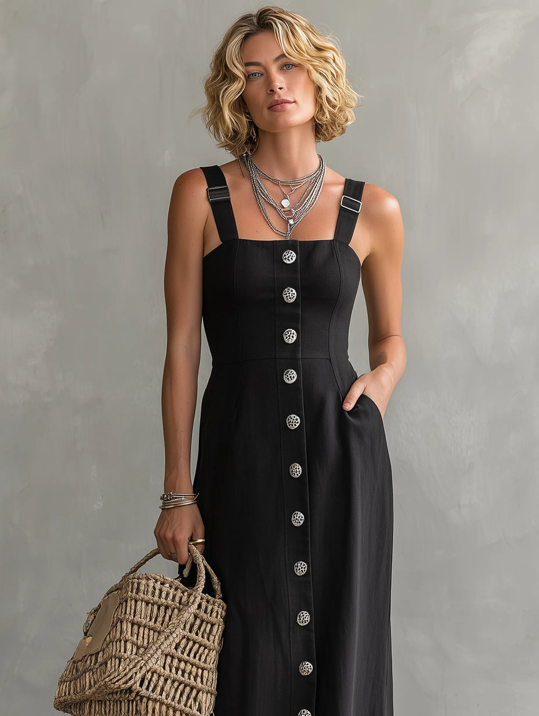 Women's Minimalist Linen-Blend Single-Breasted Maxi Pinafore Dress MDZ2872D6Y