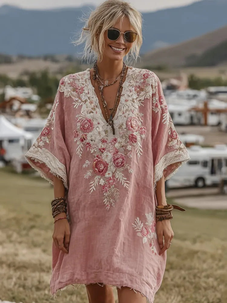 Rose Embroidered Gradient Linen Mini Dress