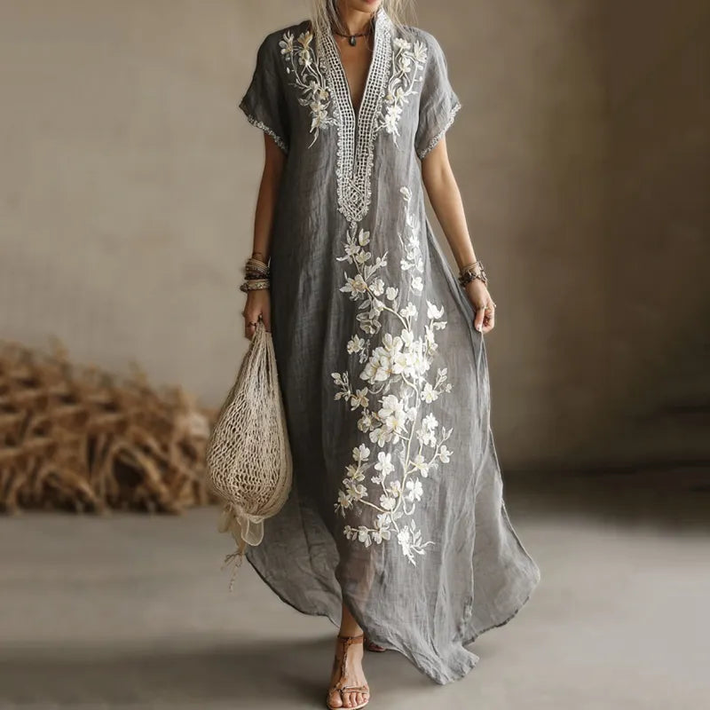 Vintage Japanese Floral Art Embroidered Linen Maxi Dress