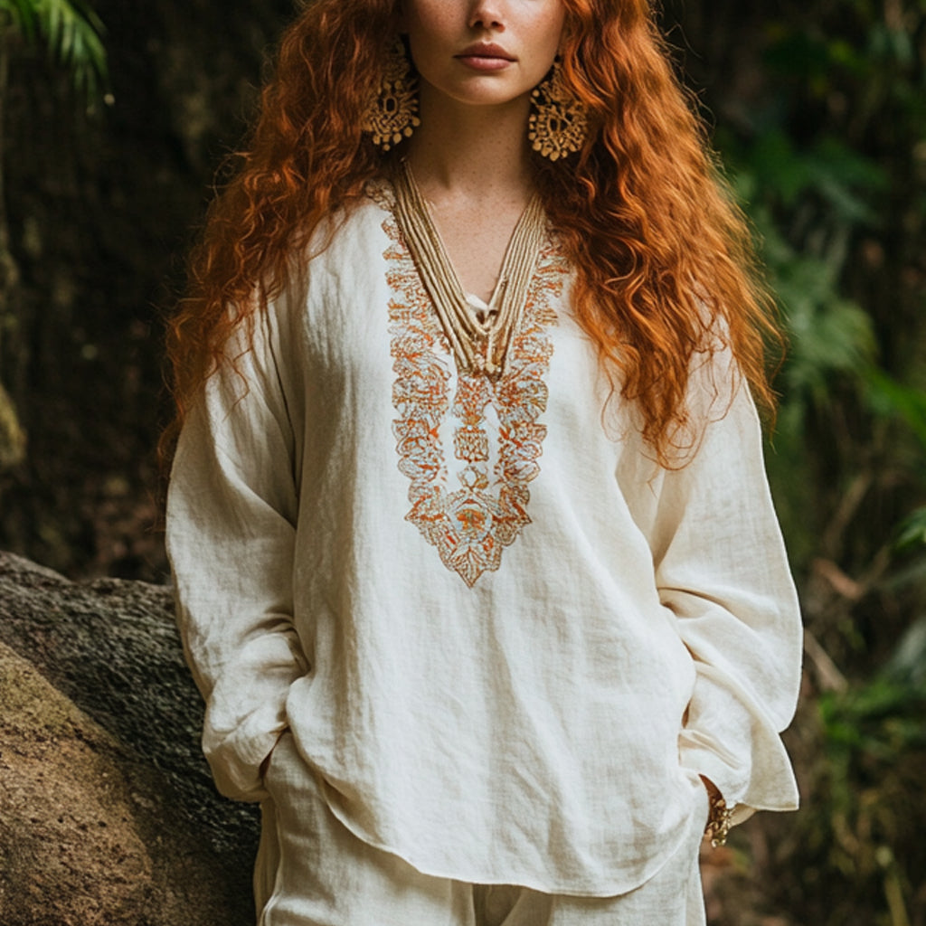 Bohemian Holiday Style Vintage Embroidered Print Casual Long-sleeved Top