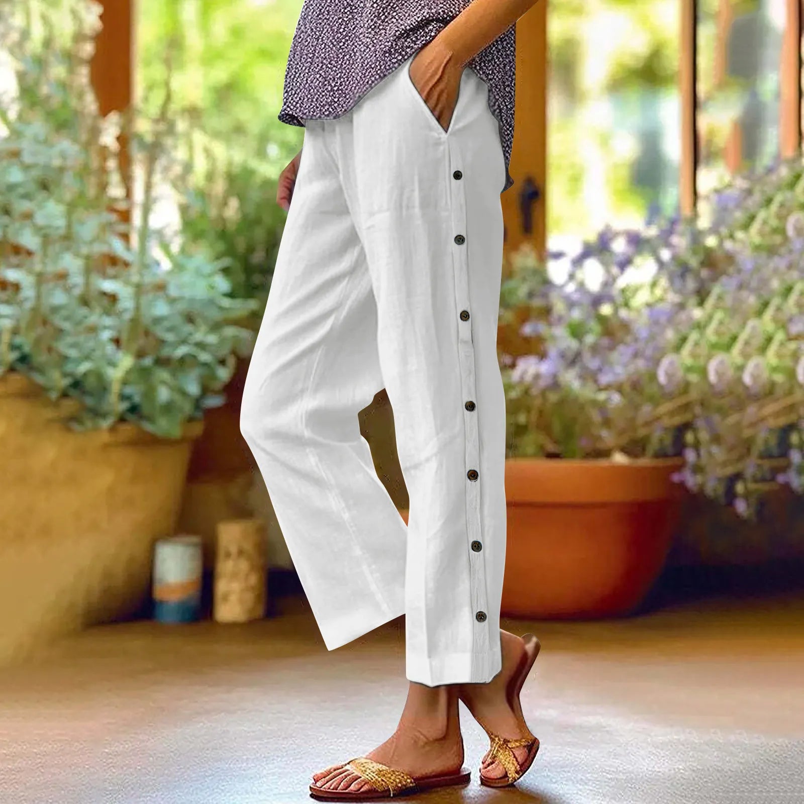 Cotton and Linen Breathable Nine-point Pants Side Seam Decorative Buckle Side Pocket High Waist Loose Casual Pants
