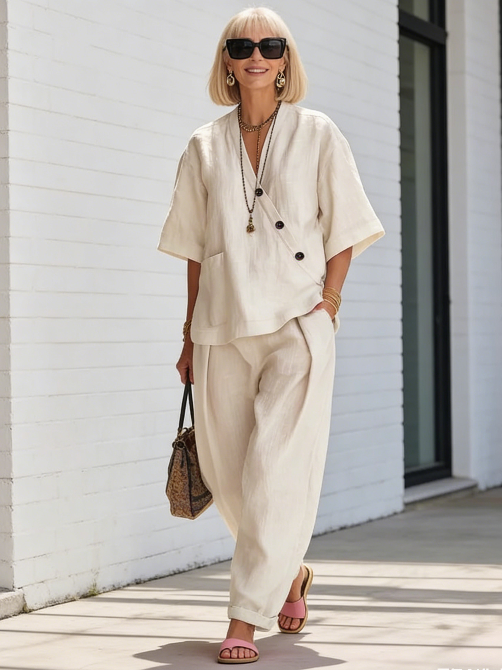 2Pcs Casual Solid Color V-neck Loose Short-sleeved Top High-waisted Trousers Two-piece Set