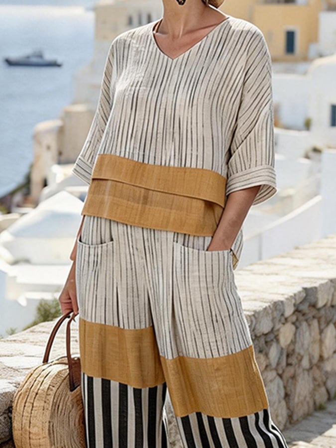 Women'S Casual V-Neck Printed Wide-Leg Pants Set