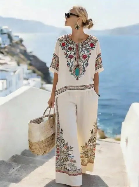 Women'S Casual Printed Cotton And Linen Two-Piece Set