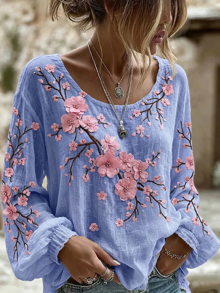 Women's Cherry Blossom Print Crew Neck Long Sleeve Linen Blend T-shirt