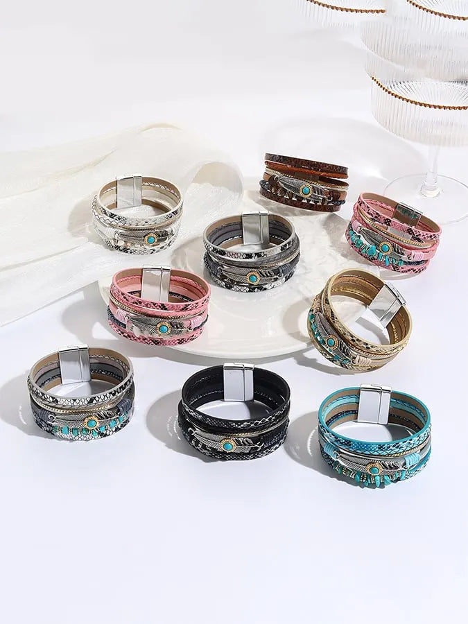 Women's Vintage Bohemian Feather Turquoise Magnet Clasp Bracelet