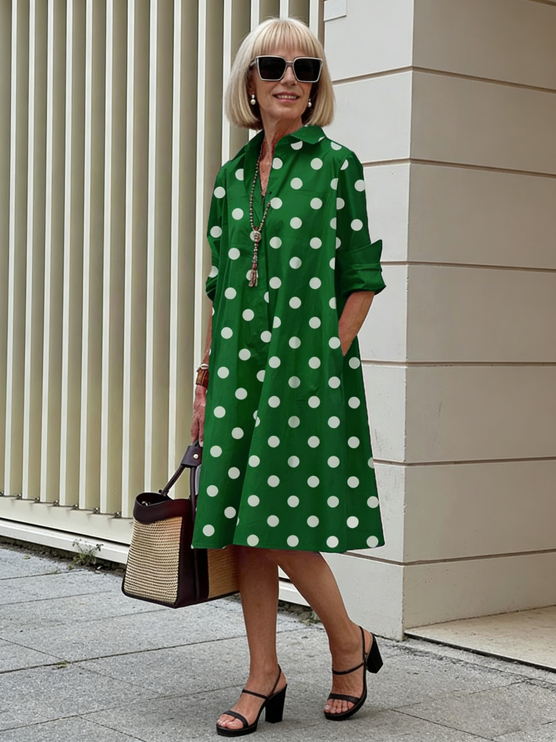 Holiday Bohemian Maxi DressDot Printed Mid-Length Long Sleeve Shirt Dress for Women