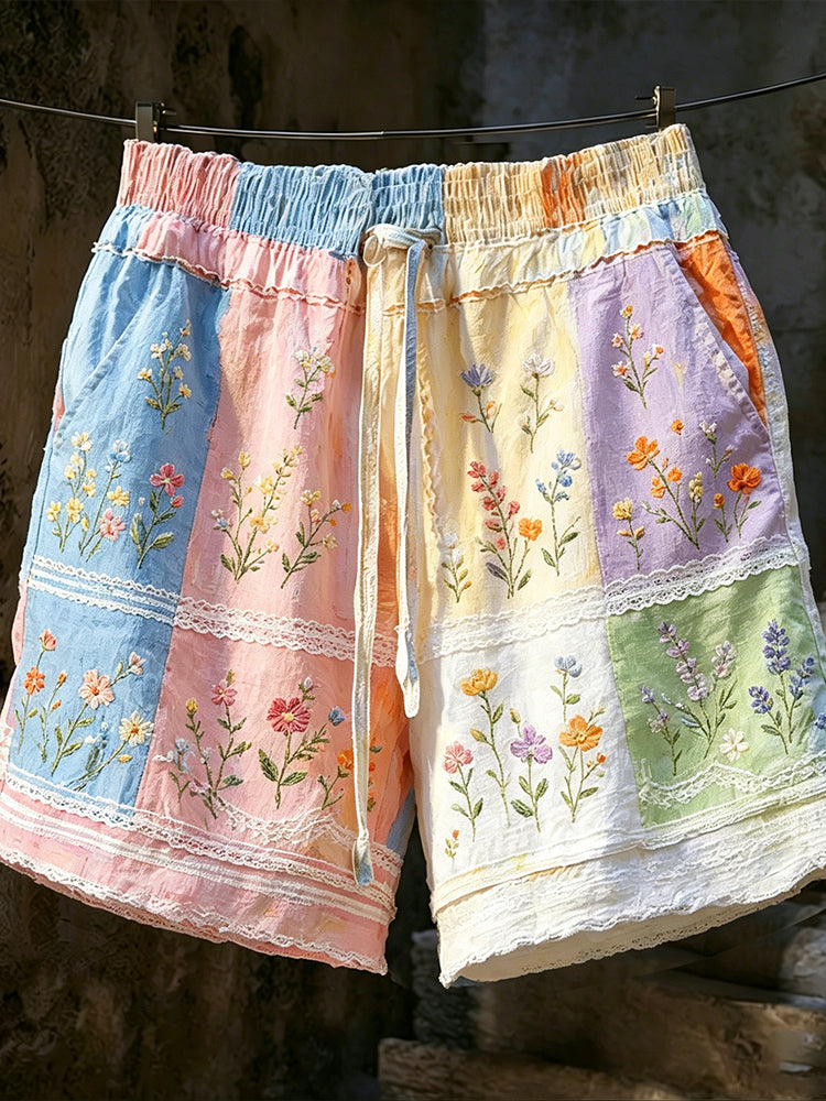 Women's Colorful Floral And Lace Art Embroidery Spliced Comfortable Linen Blend Casual Shorts