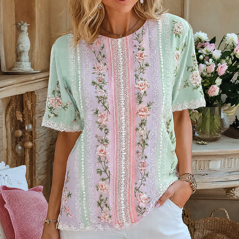 Women's Lace Floral Art Rhinestone Embroidery Color Block Casual Cotton Linen T-shirt