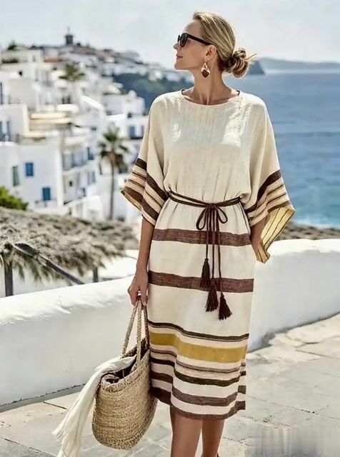 Women'S Casual Color-Block Striped Dress With Tassel Belt