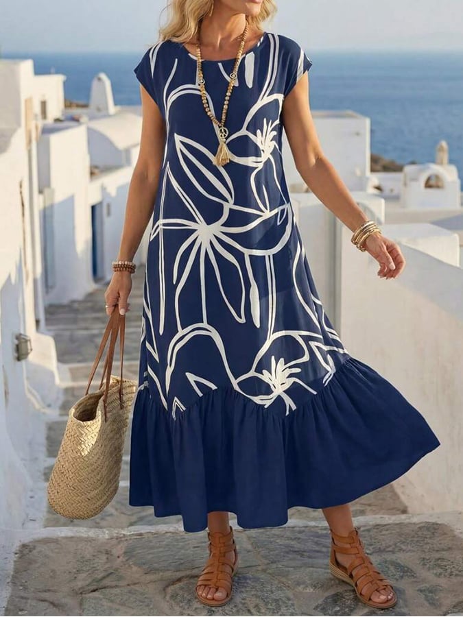 Women'S Casual Round-Neck Printed Vacation Dress