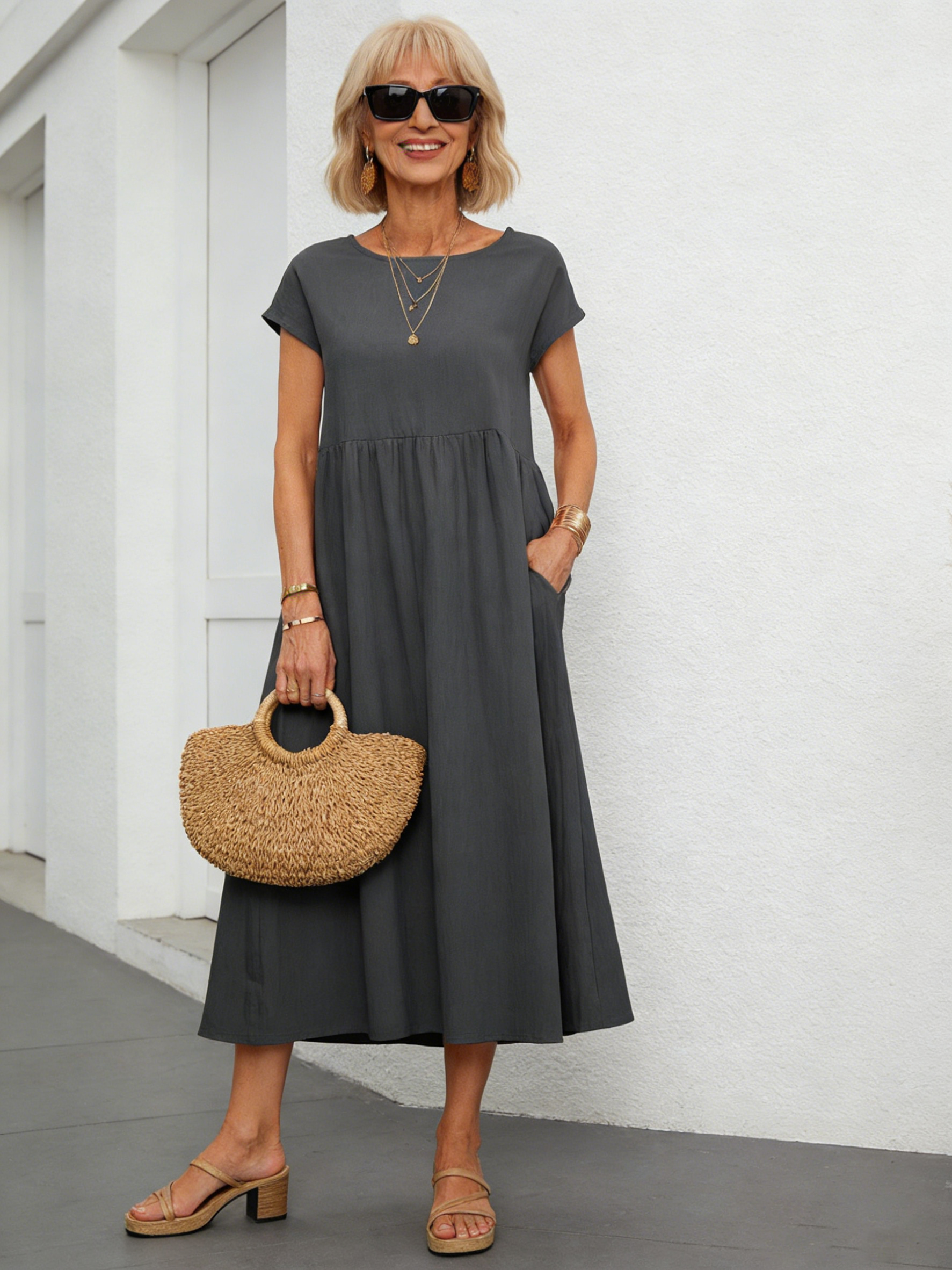 Solid Color Linen Round Neck Fitted Dress