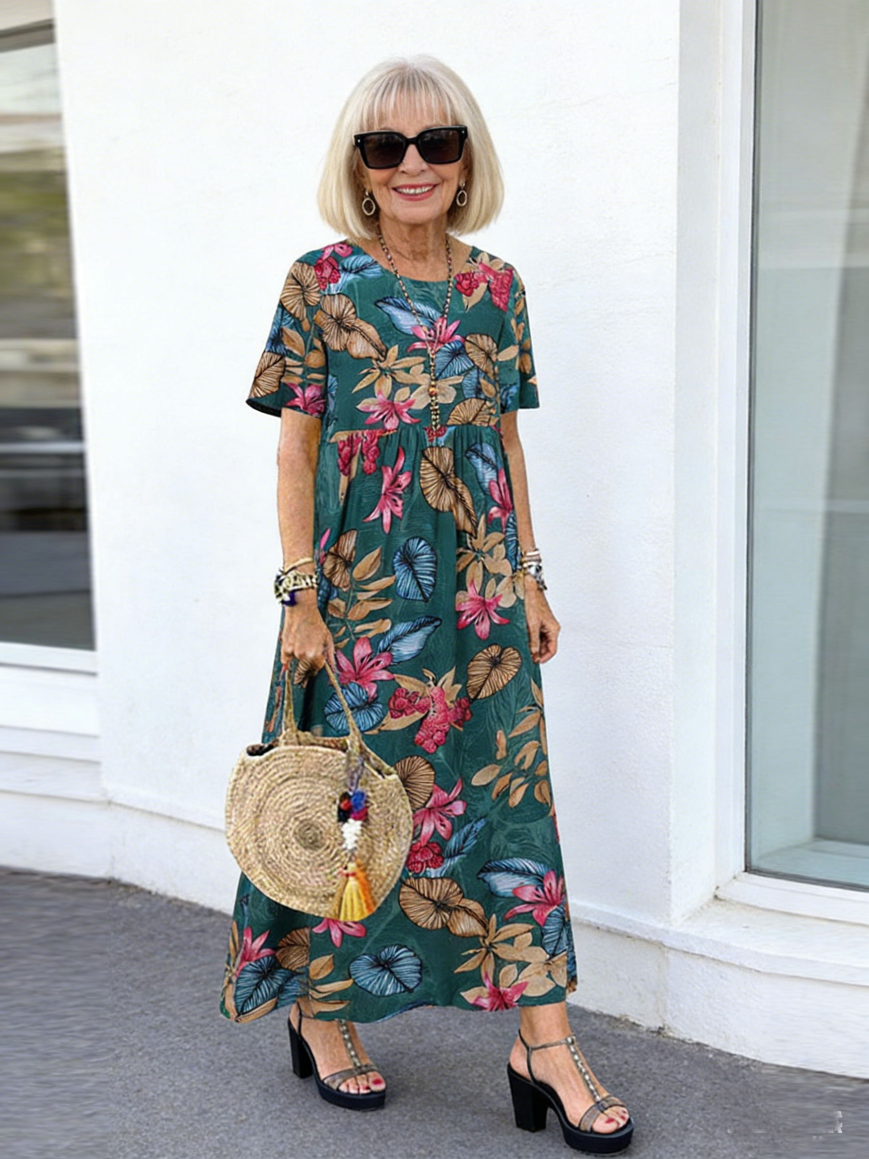 Long Dress Xun Crew Neck Casual Women's Retro Floral Print Loose Short Sleeves