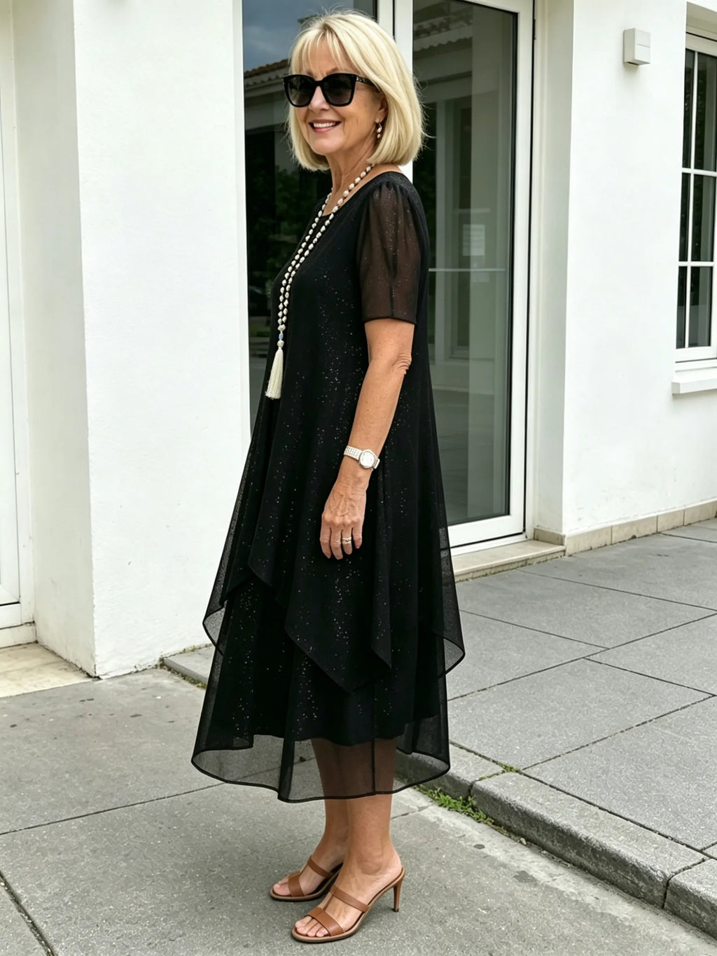 Black Glitter Chiffon Layered Midi Dress, Loose Tummy Concealing Short Sleeve Elegant Dress for Mature Women