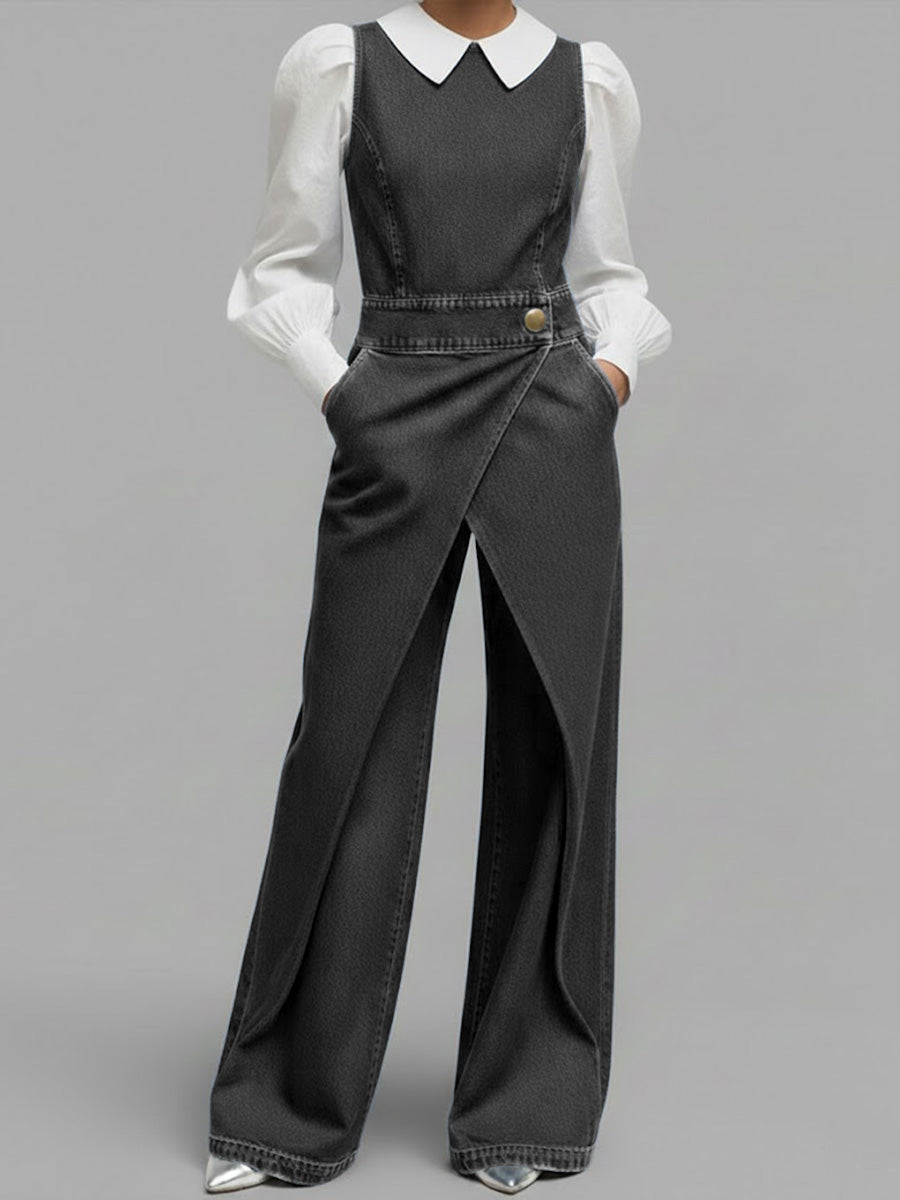 Women's Relaxed Round Neck Sleeveless Casual Loose Denim Wide-leg Jumpsuit