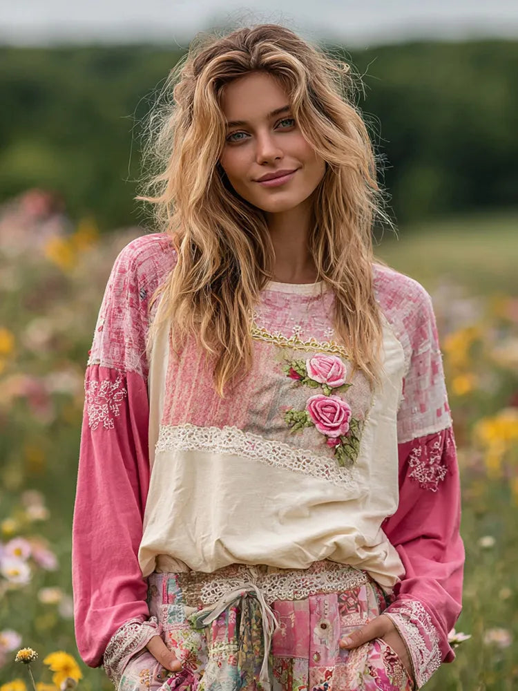 Women's Patchwork Lace Embroidered Flowers Contrasting T-shirt