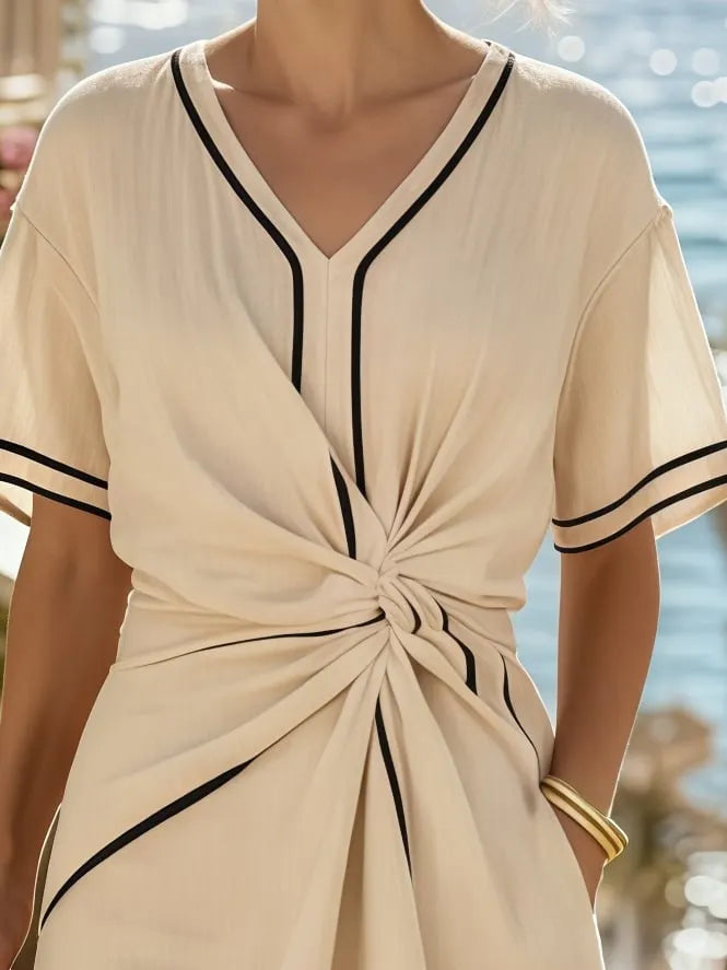 Women's Summer Short Sleeve Pleated Trim Dress