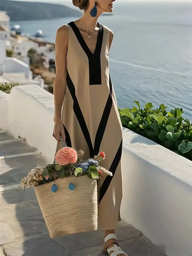 Women'S V-Neck Sleeveless Striped Holiday Loose Dress