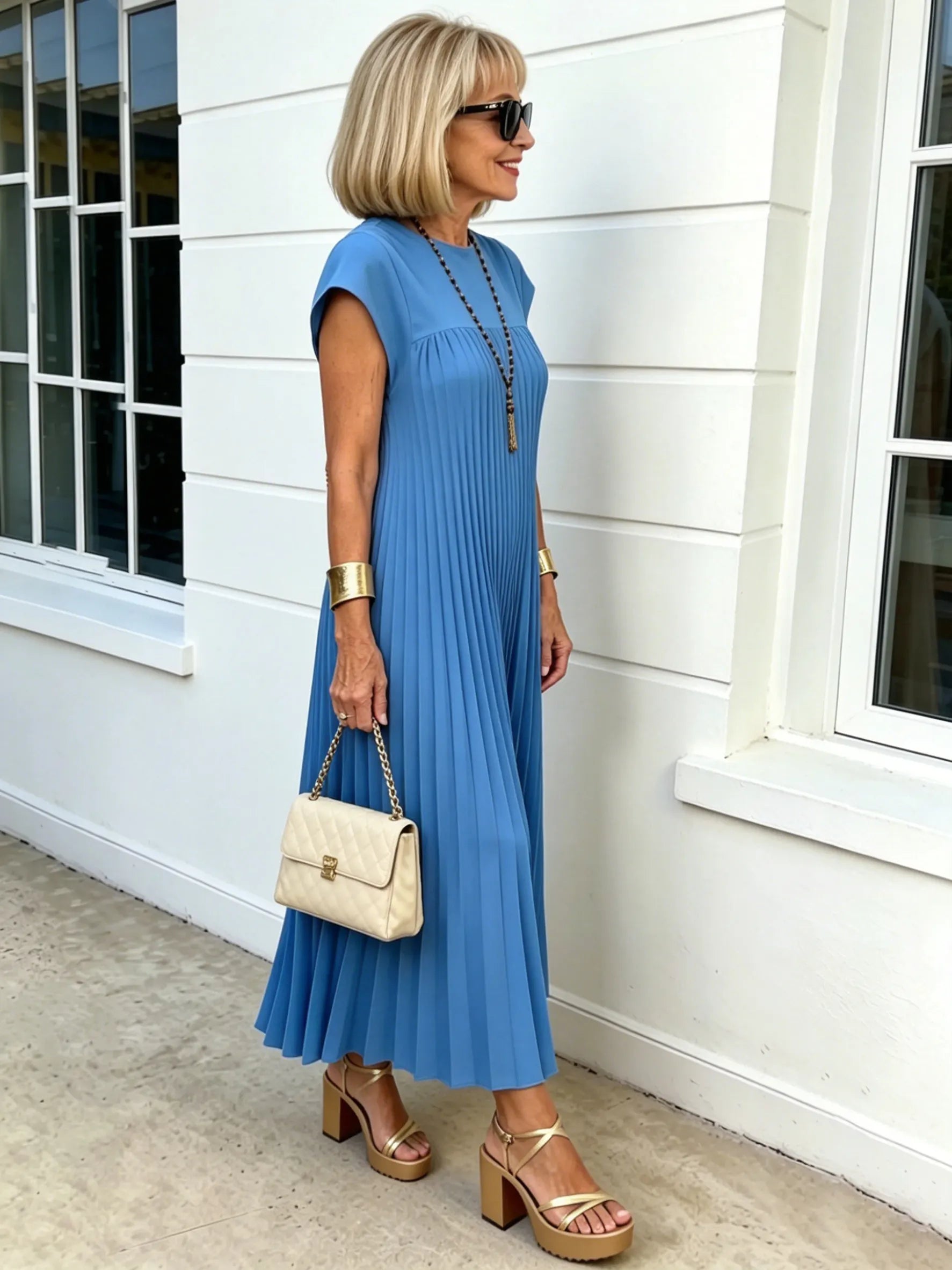 Elastic Dress Women's Elegant Fashion Crew Neck Sleeveless Pleated Long Dress