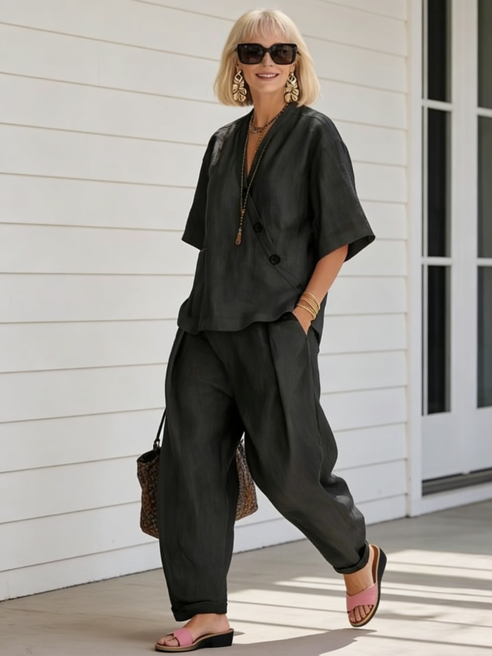 2Pcs Casual Solid Color V-neck Loose Short-sleeved Top High-waisted Trousers Two-piece Set
