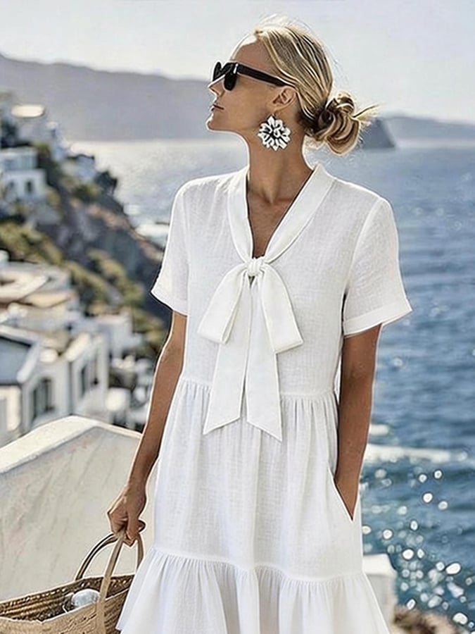 Women'S Solid Color V-Neck Resort Dress