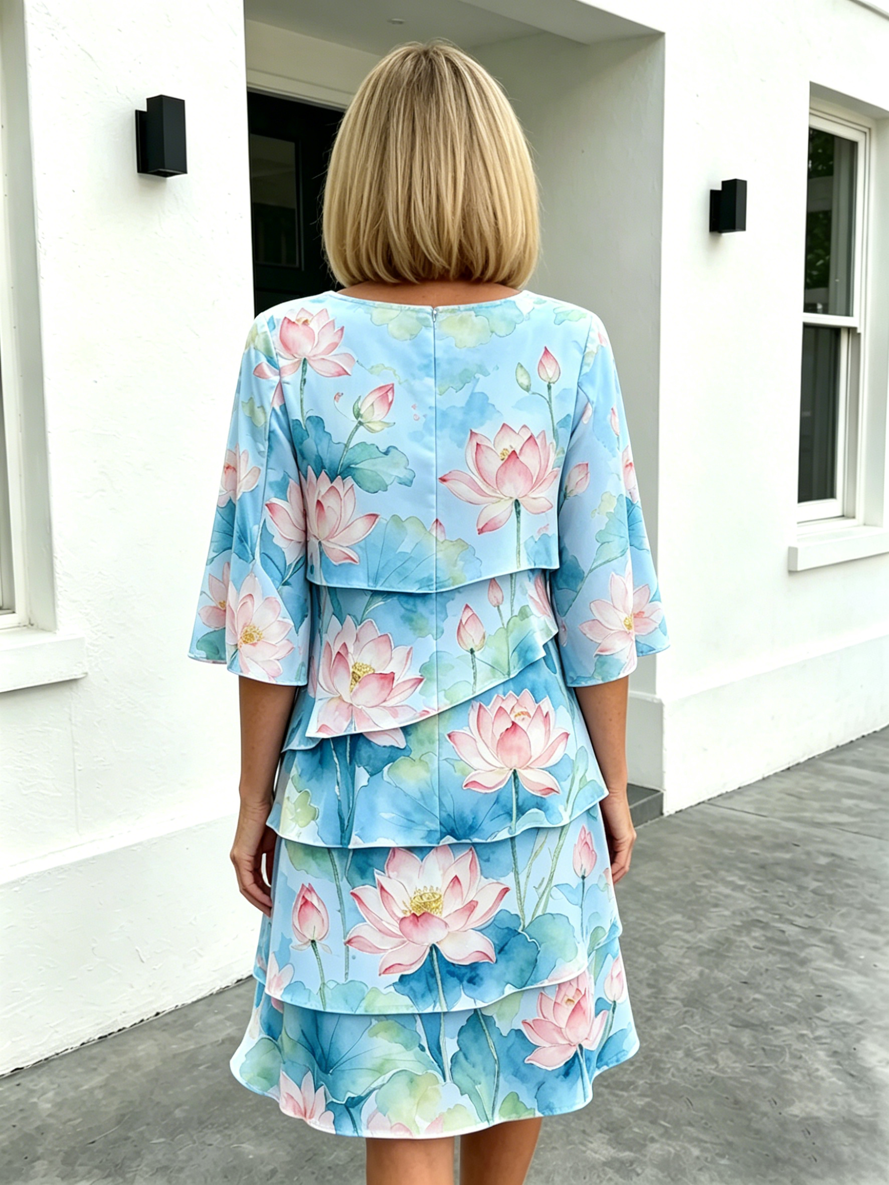 Chiffon Lotus Vacation Prints Color Round Neck Cake Skirt Splicing Dress Mid-length