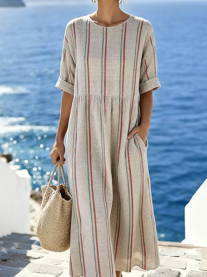 Women'S Casual Round-Neck Striped Vacation Dress
