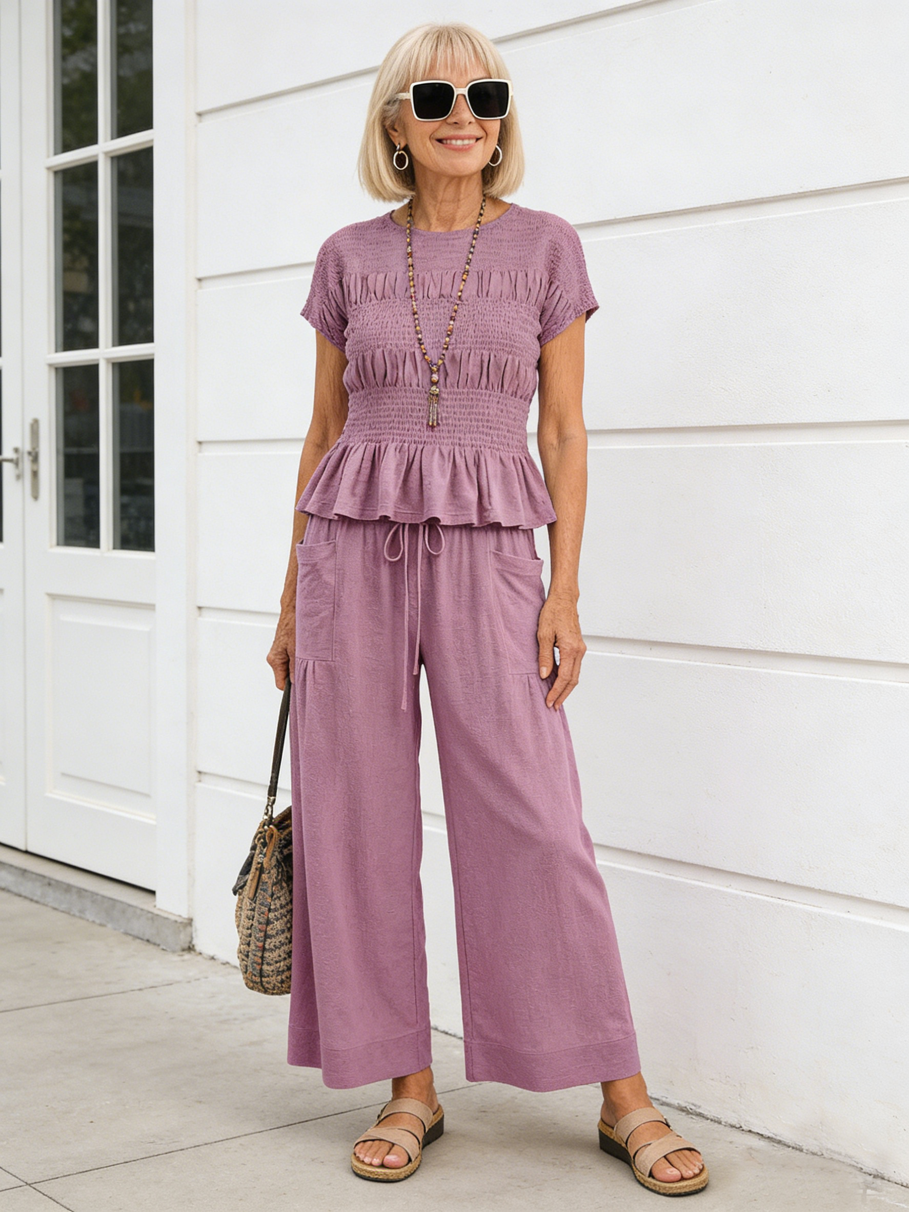 2pcs Cotton Harem Pants Mid-rise Casual Suit Resort Style